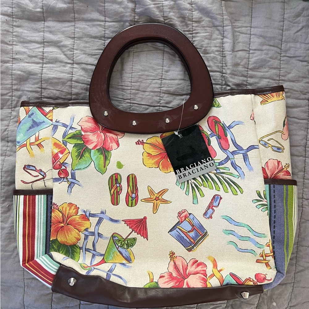 NWT SUMMER themed Handbag with beautiful wood handles